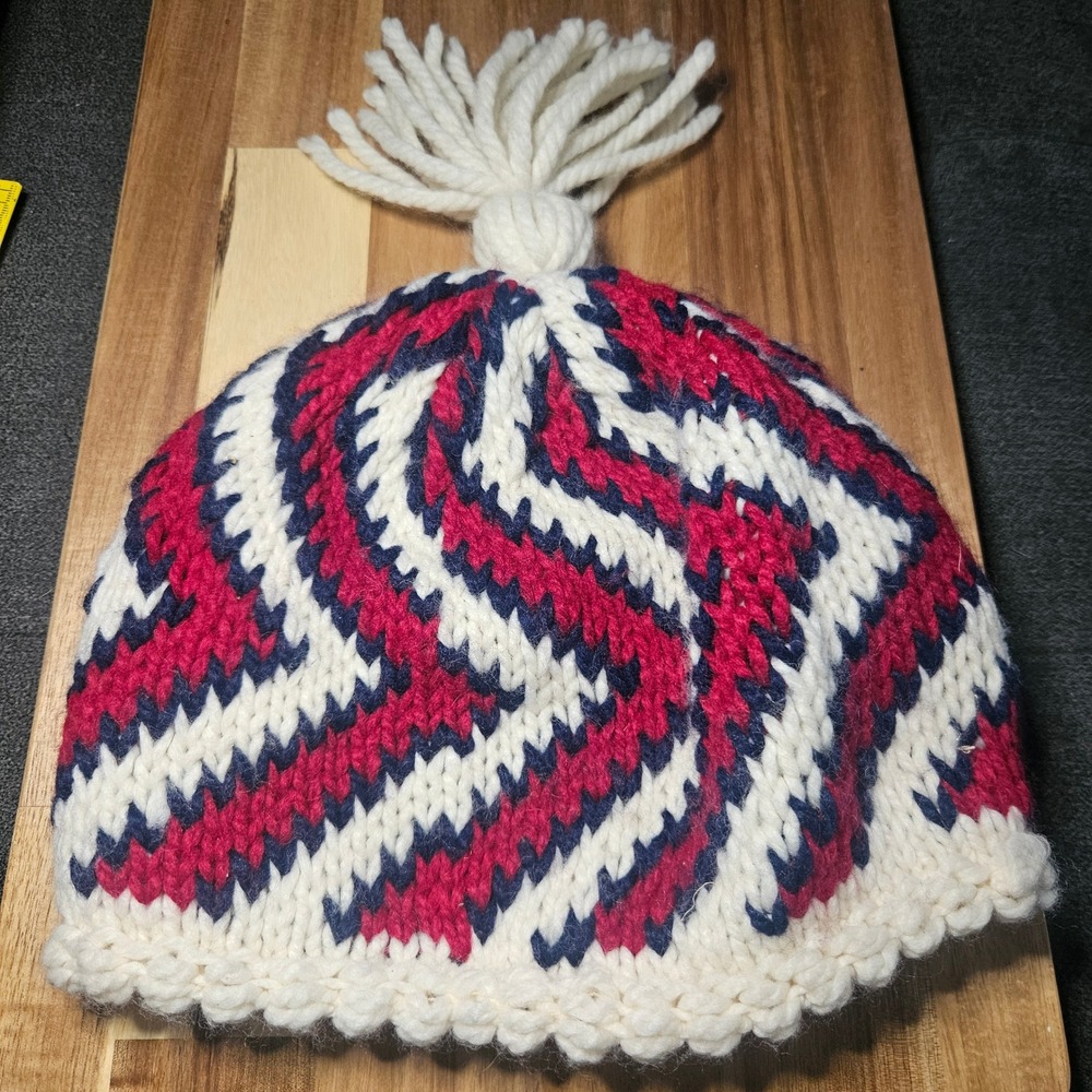 Hansen Red White Blue Zigzag Chunky Knit Beanie Tassel Winter Hat Patriotic